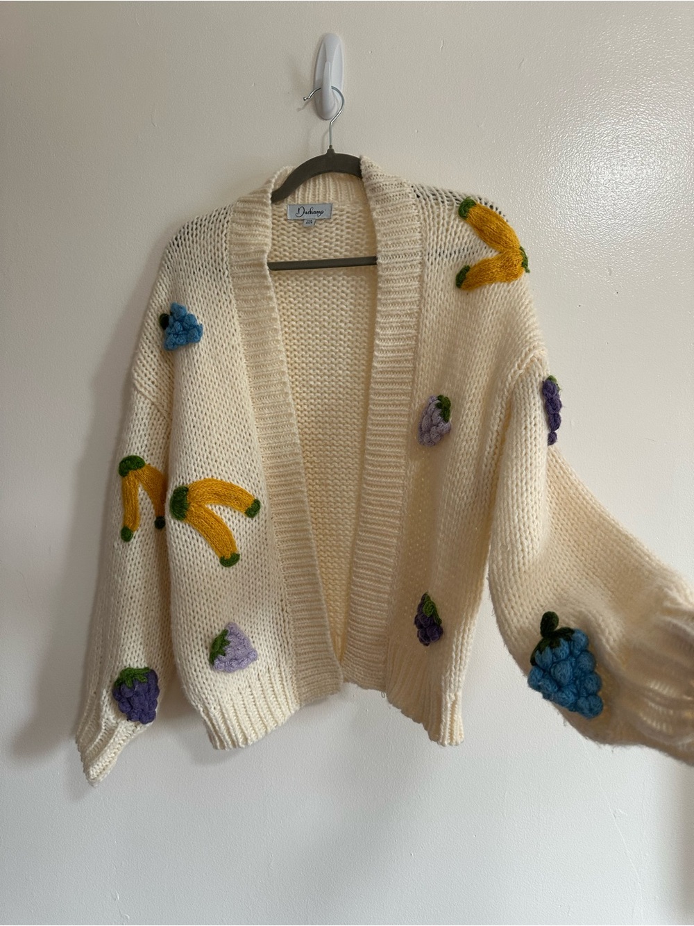 Duchamp 3D Fruit Chunky Cardigan Sweater in Cream, One Size